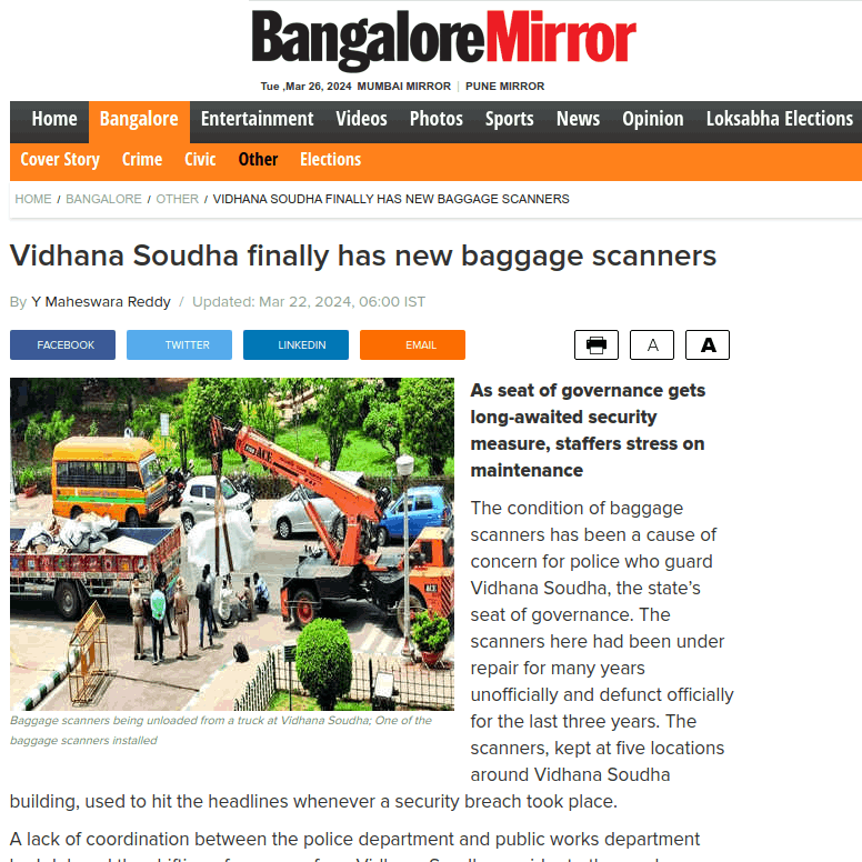 Vidhana Soudha finally has new baggage scanners